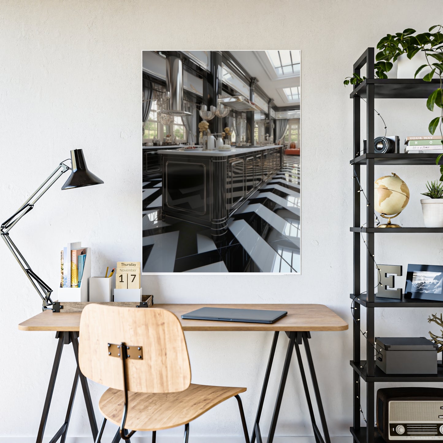 Modern Kitchen Poster with City and Garden Views