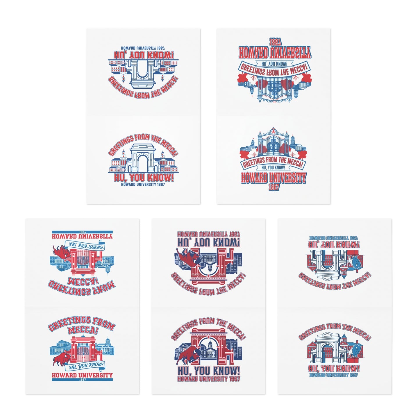 Greetings From The Mecca  Multi-Design Greeting Card Set/5 Pak/ Bold Howard University pride in a clean, vibrant design for every occasion.