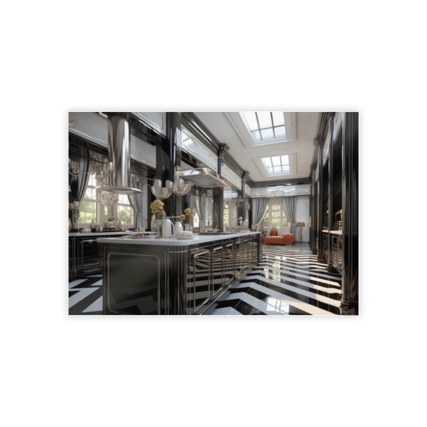 Modern Kitchen Poster with City and Garden Views