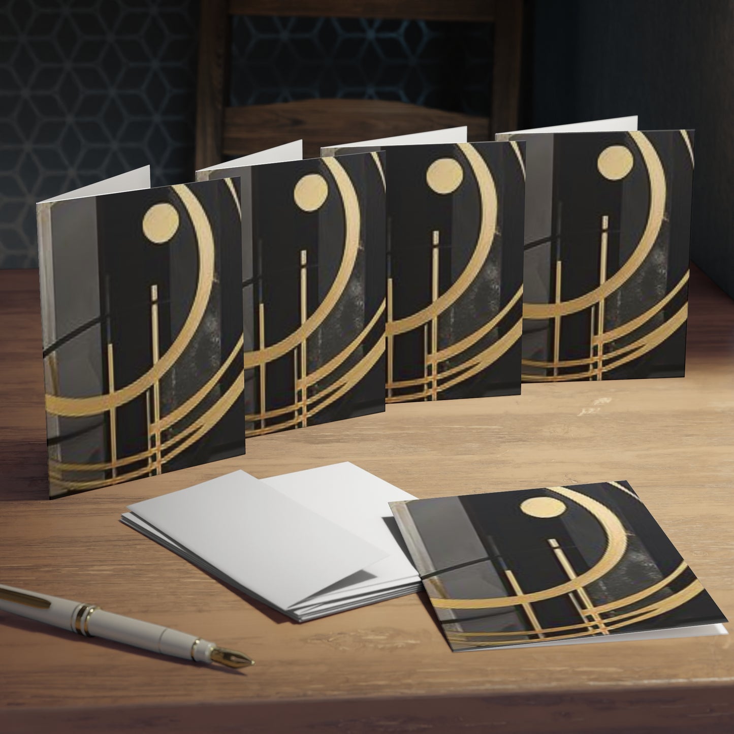 Elegance in Ink: Gold & Black Abstract Art Note Card Set(5-Pack)