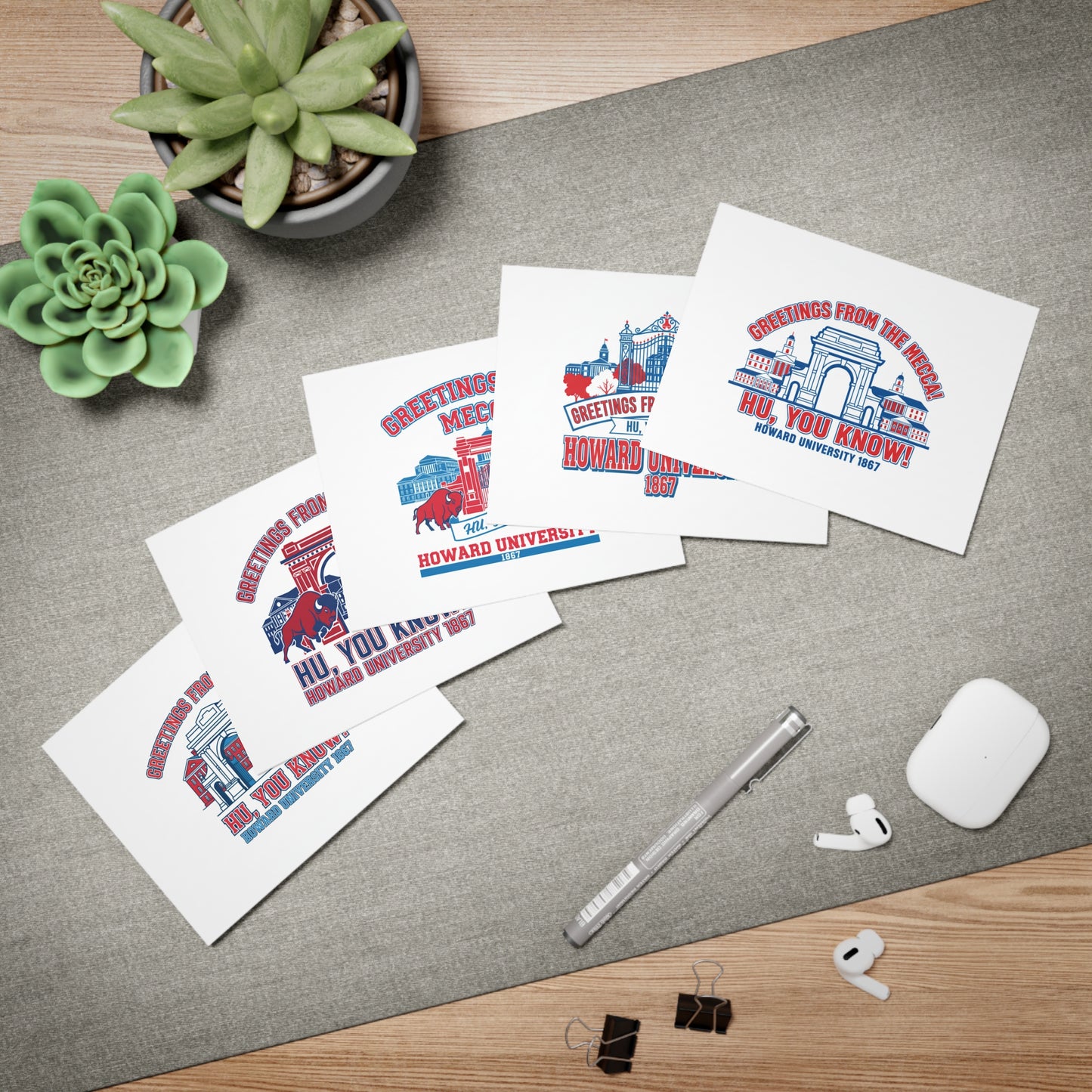 Greetings From The Mecca  Multi-Design Greeting Card Set/5 Pak/ Bold Howard University pride in a clean, vibrant design for every occasion.